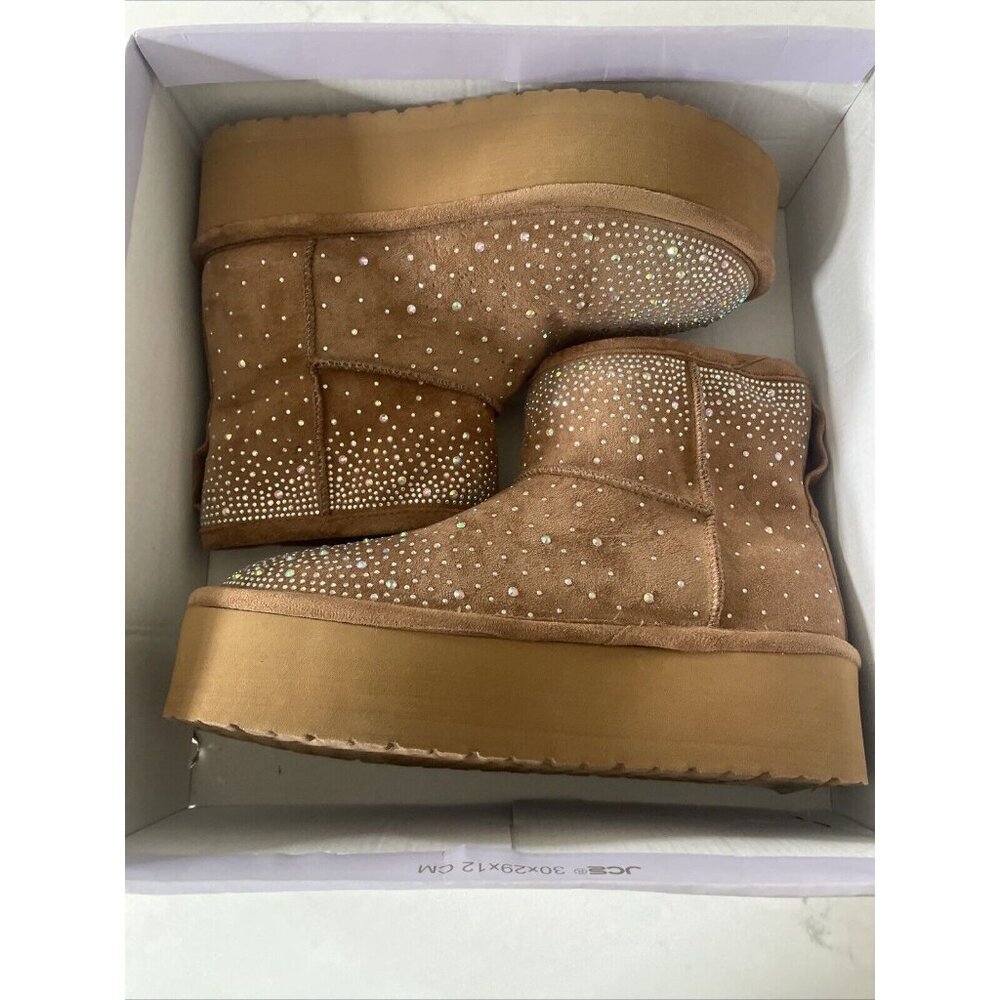 Madden Girl Women's Ease-HR Low Ankle Boot Faux Fur tan rhinestones 8 platform